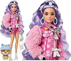 Лялька Барбі Екстра Модниця в джинсовій куртці з принтом Рожевий плюшевий ведмедик Barbie Extra Doll (GXF08)