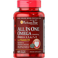 Омега Puritan's Pride All In One Omega 3, 5, 6, 7 and 9 with Vitamin D3 60 гелкапс