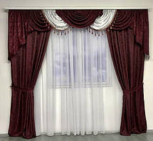Готовый комплект жаккардовых Турецких штор с ламбрекеном Шторы 150х270 см ( 2шт ) Цвет - Бордовый
