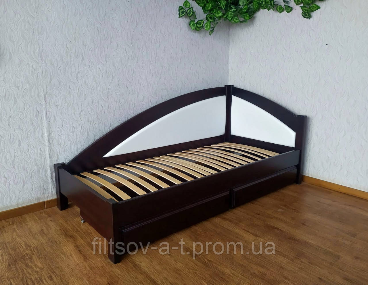 Угловая деревянная диван тахта с мягкой спинкой из массива дерева "Радуга Премиум" от производителя 90х190, венге - фото 8 - id-p1467849264