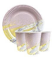 Набор одноразовой посуды " Розовый мрамор с золотом "