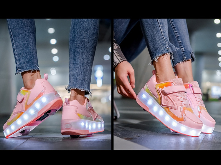 Роликовые кроссовки с подсветкой 2 ролика, в стиле Heelys, USB. Детские и Подростковые, розовые (Т-09455) - фото 6 - id-p1011825692