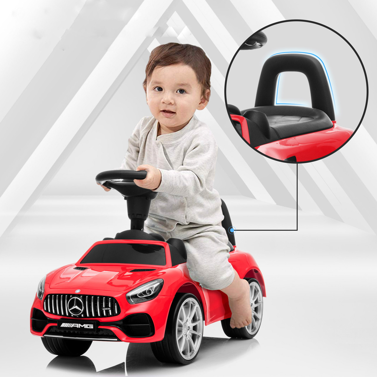 Каталка-толокар дитяча Bambi Mercedes, шкіряне сидіння, ручка для транспортування, червона