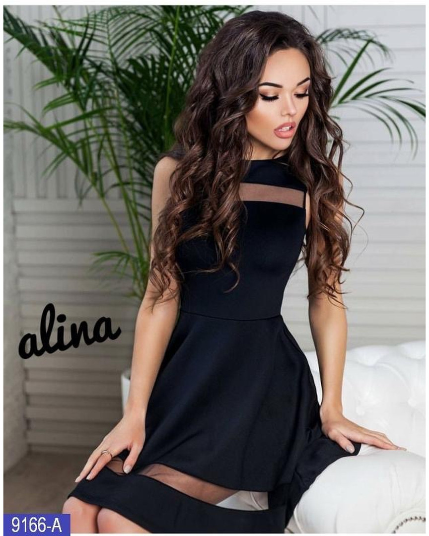 Жіноча чорна  сукня з вставками з сітки, фото 1