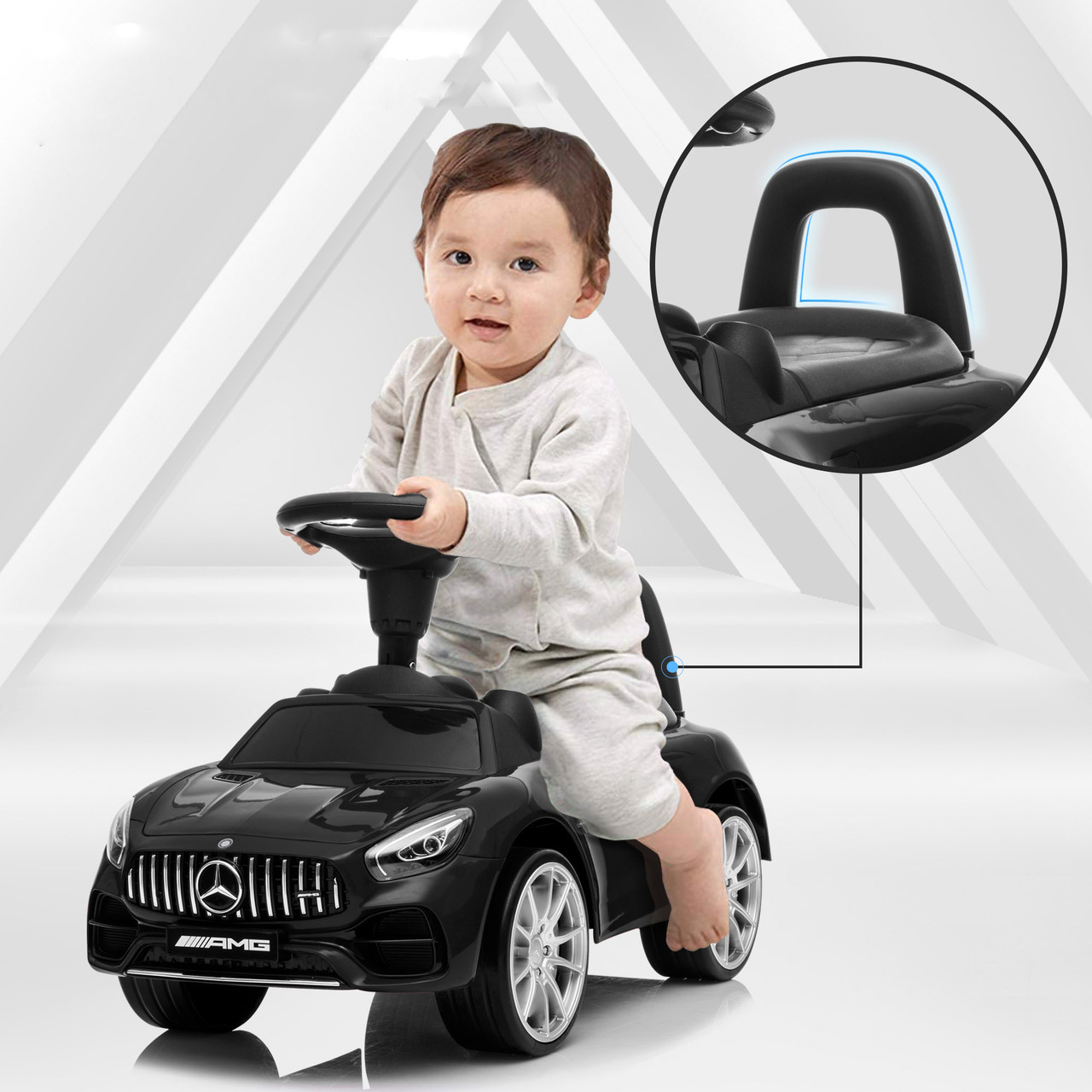 Дитяча каталка-толокар Bambi Mercedes AMG, багажник під сидінням, ручка для транспортування, чорна