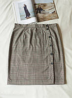 Батальная серо коричневая юбка карандаш в клетку женская H&M, размер XL, XXL