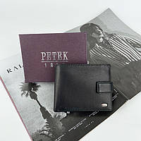 Кожаный мужской раскладной кошелек на кнопке с монетницей Petek черный