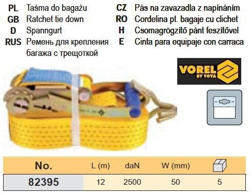 Ремінь ремінь кріплення багажу тріщатка 2500daN 50мм х 12м VOREL-82395