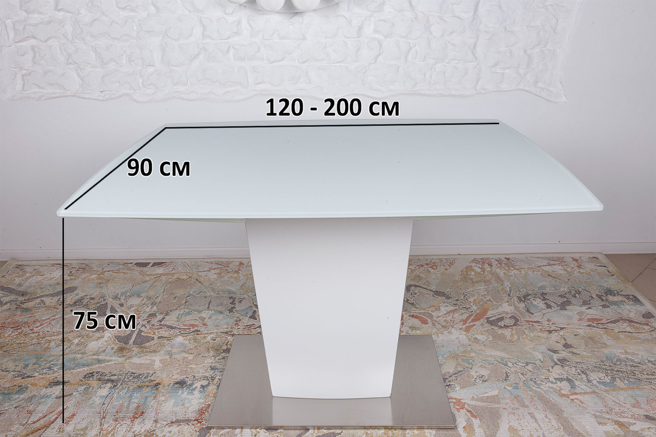 Великий розкладний стіл Oxford 120-200х90см білий з матовою скляною стільницею на одній ніжці, фото 1