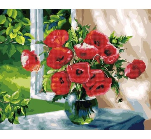 GZS 1102 Маки біля вікна Алмазна картина-розмальовка (змішана техніка), фото 1