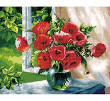 GZS 1102 Маки біля вікна Алмазна картина-розмальовка (змішана техніка)
