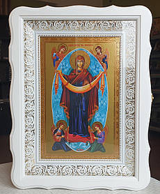 Аналойна ікона П.Б. Покров Двонадесяті свята у білому фігурному кіоті, розмір 32*42, сюжет 20*30, 22 сюжети.