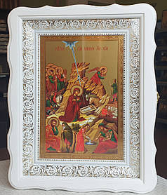 Аналойна ікона , Різдво Христове, двонадесяті свята в білому фігурному кіоті, розмір кіота 32*42, сюжет 20×30
