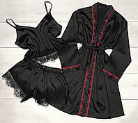 Красивый комплект женской одежды для сна и отдыха, пижама и халат с кружевом из стрейч-атласа