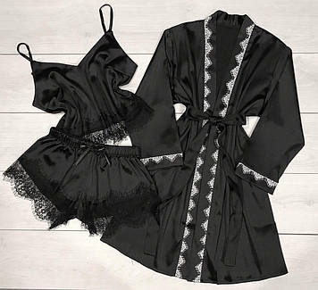 Халат жіночий однотонний чорний із піжамою, комплект-трійка жіночий