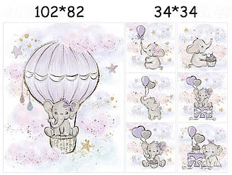 Набір панелей із сатину "Слоник на повітряній кулі з хмарами"