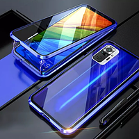 Магнитный металлический чехол FULL GLASS 360° для Xiaomi Redmi Note 10 4G / Redmi Note 10S/ Синий