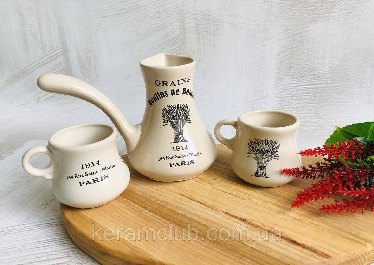 Кавовий набір Керамклуб Грінс турка 0.5 л і 2 чашки 0.25 л бежевий, фото 1