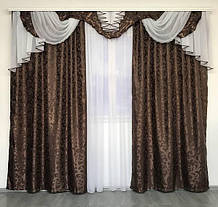 Комплект готових жакардових штори з ламбрекеном у вітальню Штори 150х270 см ( 2шт ) Колір - Шоколадний