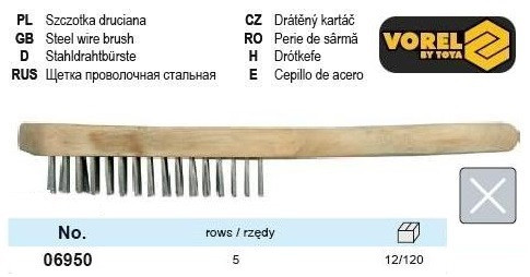 Щітка ручна зі сталевого дроту VOREL, 5 рядів [12/120]