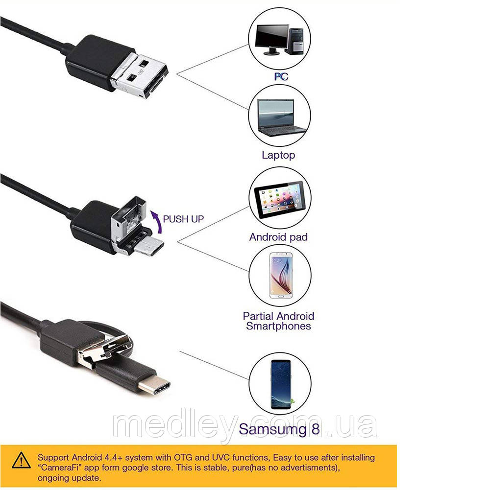 Эндоскоп 3 вида интерфейса: USB, Micro-USB и TYPE-C 5м-жесткий кабель камера 8 мм - фото 4 - id-p1468693611
