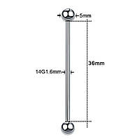 Штанга для пирсинга индастриал 1.6 x 36 Х 5/5 мм (титан)