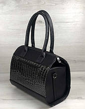 Жіноча класична сумка бочонок Aliri-20037 чорна з вставкою під шкіру крокодила