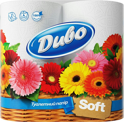 Туалетний папір Диво біла 4 шт , 2-х шарова на гільзі (велика намотування), фото 1