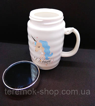 Керамічна біла чашка для чаю з дзеркальною термокришкою, кружка дитяча з малюнком Єдиноріг,