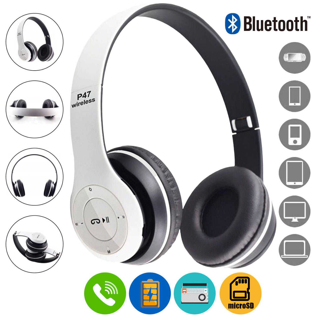 

Беспроводные наушники Bluetooth Wireless P47 Black Гарнитура для ПК, телефона с микрофоном -microSD, FM White