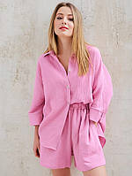 Пижама женская хлопковая. Костюм женский летний муслиновый жатка с шортами, размер M (розовый)