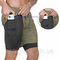 Спортивные шорты с карманом для телефона, мужские шорты-тайтсы олива с черными тайтсами размер XL Код 35-0073