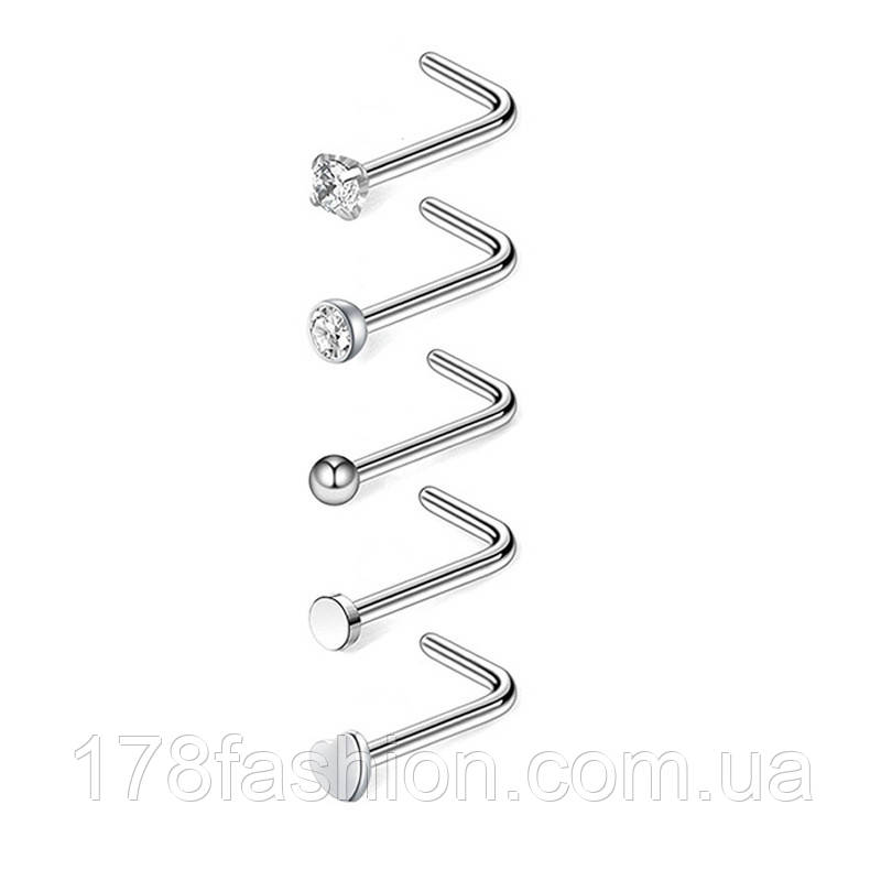 Набір з 5-ти нострил для пірсингу носа L-подібні під срібло, фото 1