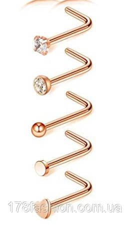 Набір з 5-ти нострил для пірсингу носа L-подібні під рожеве золото, фото 1
