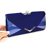 Женский вечерний синий клатч бокс лаковый на цепочке выпускная вечерняя велюровая синяя маленькая сумочка