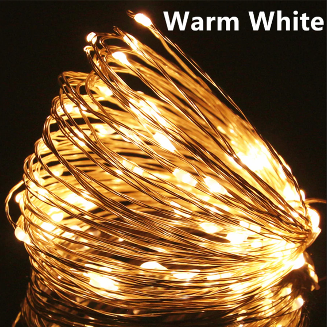 Гірлянда для декору нитка, дріт, світлодіодна на батарейках 10 м Warm White, Теплий білий