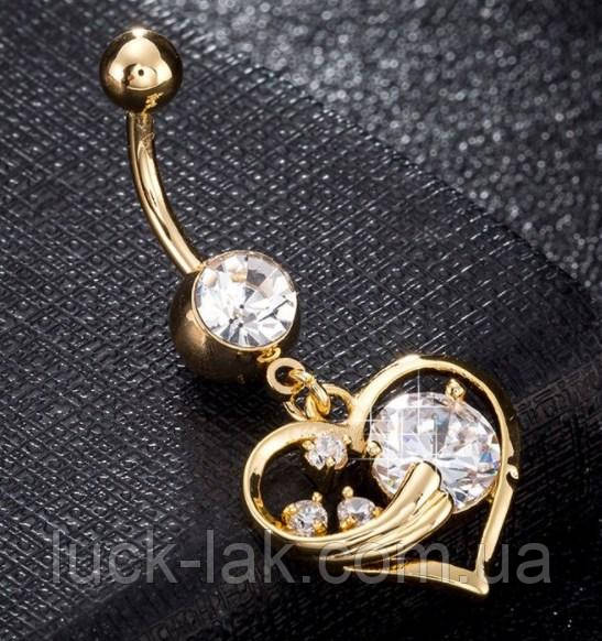 Сережки пірсинг у пупок із підвіскою серце з кристалами, колір — золото, фото 1