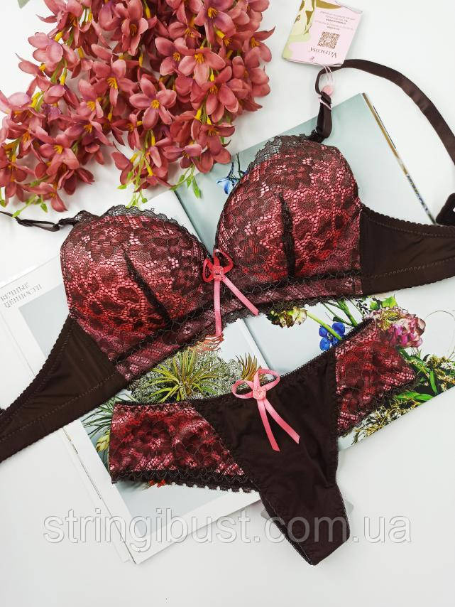 Комплект бюстгальтер + стриги Velencosa без кісточки 75B коричневий з рожевим (494), фото 1