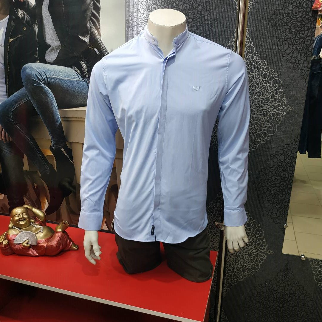 Сорочка Armani jeans чоловіча стійка стрейч кнопки довгий рукав XL блакитна, фото 1