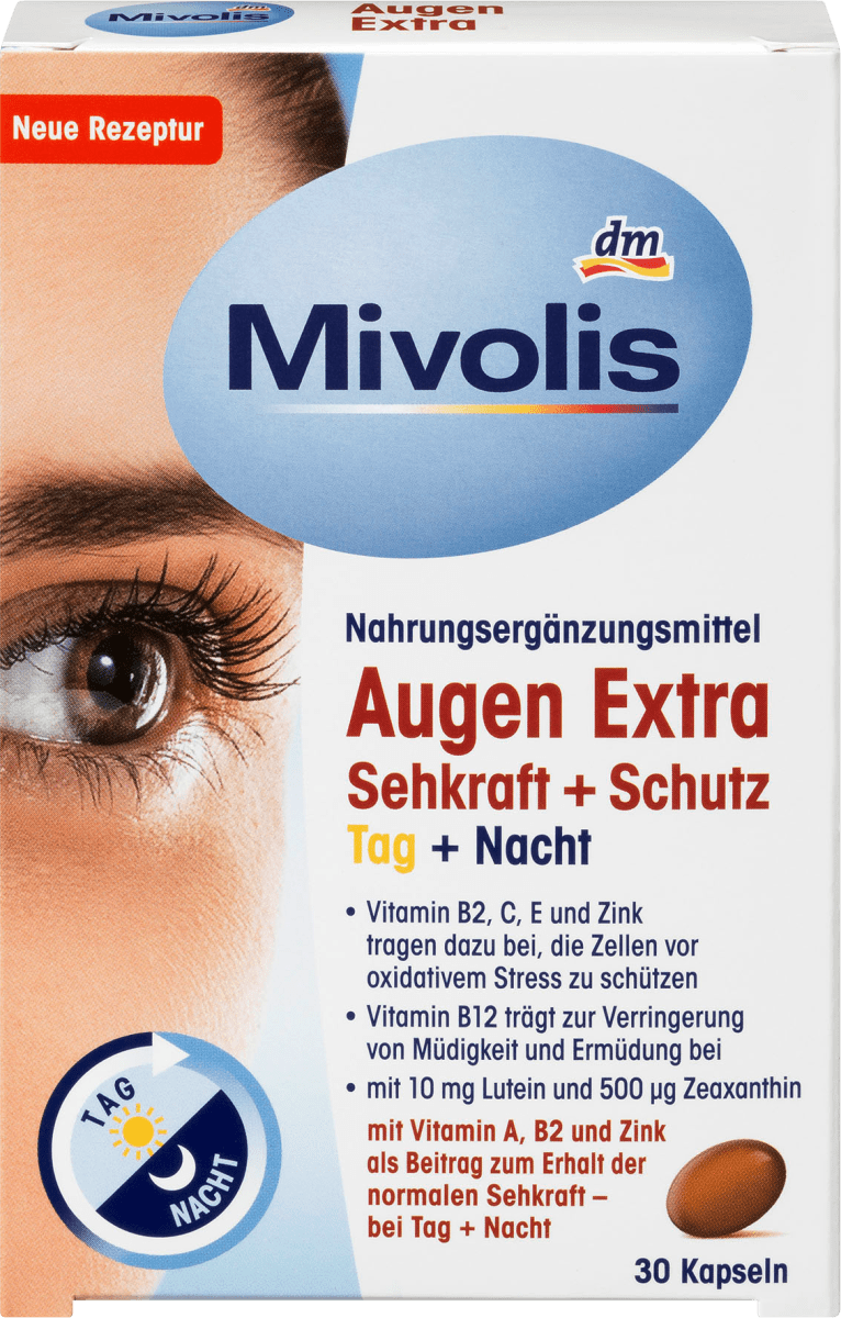 Біологічно активна добавка Mivolis Augen Extra Sehkraft + Schutz, Tag + Nacht, 30 шт.