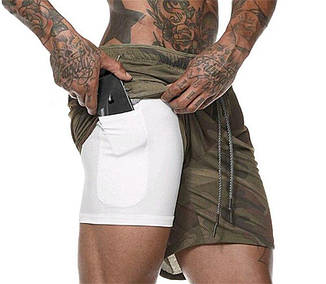 Спортивні шорти з кишенею для телефону, чоловічі шорти-тайтсы камуфляж з білими тайтсами розмір XL 25-0024