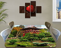 Виниловая наклейка на стол Японский сад и Храм самоклеющаяся декоративная пленка, Восток, зеленый 70 х 120 см