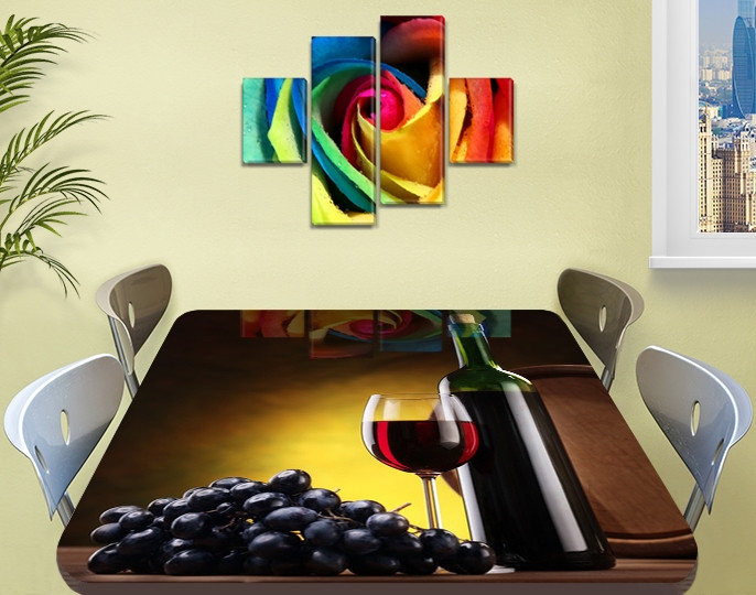 Вінілова наклейка на стіл Виноград і Червоне вино ламінована плівка для кухні, коричневий 60 х 100 см