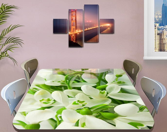 Наклейка на стіл Весняні Ландиші, вінілова ламінована плівка для декору, квіти, зелений 60 х 100 см