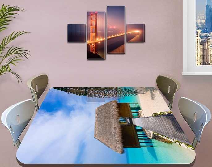 Вінілова наклейка на стіл Будиночок на Мальдівах самоклейна плівка з малюнком море, бежевий 60 х 100 см