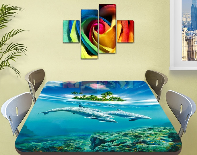 Вінілова наклейка на стіл Дельфіни та Острів декоративна плівка з ламінацією акваріум, блакитний 60 х 100 см