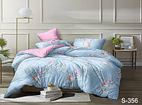 Сатиновый Комплект постельного белья голубого цвета с розовыми цветами