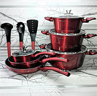 Набор кухонной посуды 15 предметов Edenberg EB-5612 Набор кастрюль казанов с мраморным покрытием Красный