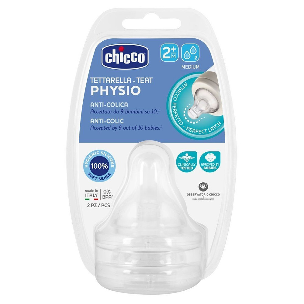 Соска силіконова середній потік 2 шт Chicco Physio 2m+ (8058664122202)