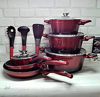 Набір кухонного посуду 15 предметів  Edenberg EB-5619 Набір каструль казанів із мармуровим покриттям Червоний
